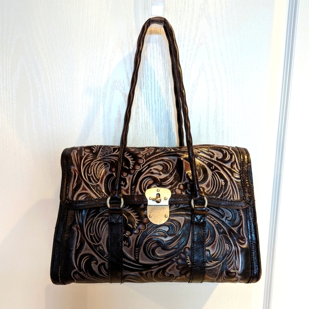 Patricia Nash Vienna Satchel  Tooled Leather Bag, color Black Tuscan EUC
